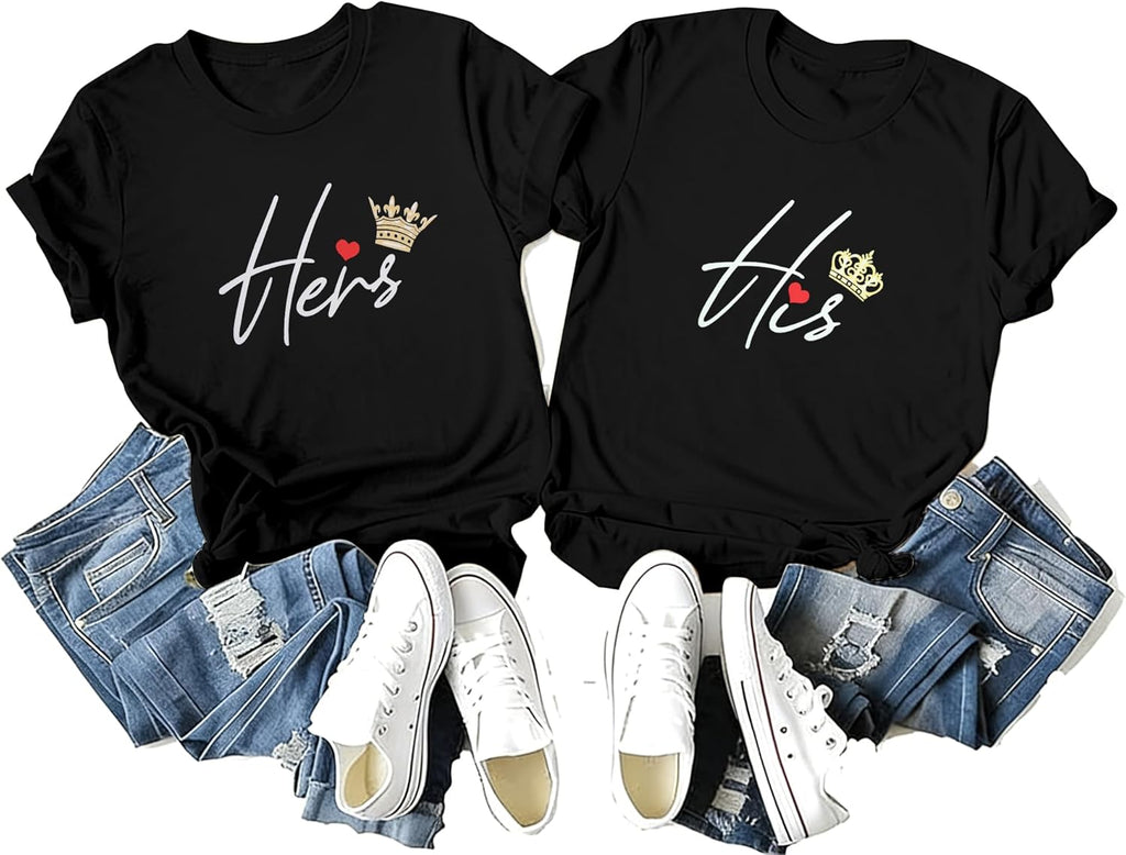 Couple Matching Shirt His Queen Her King Print T-Shirts Honeymoon Graphic Tees Short Sleeve Valentine's Day Gift Tops
