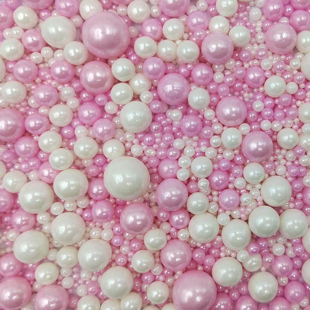 Edible Pink White Pearl Sugar Sprinkles White Pink Candy Mixing Size Baking Edible Cake Decorations Cupcake Toppers Cookie Celebrations Wedding Valentines Baby Shower Birthday Supplies 120g/ 4.23oz