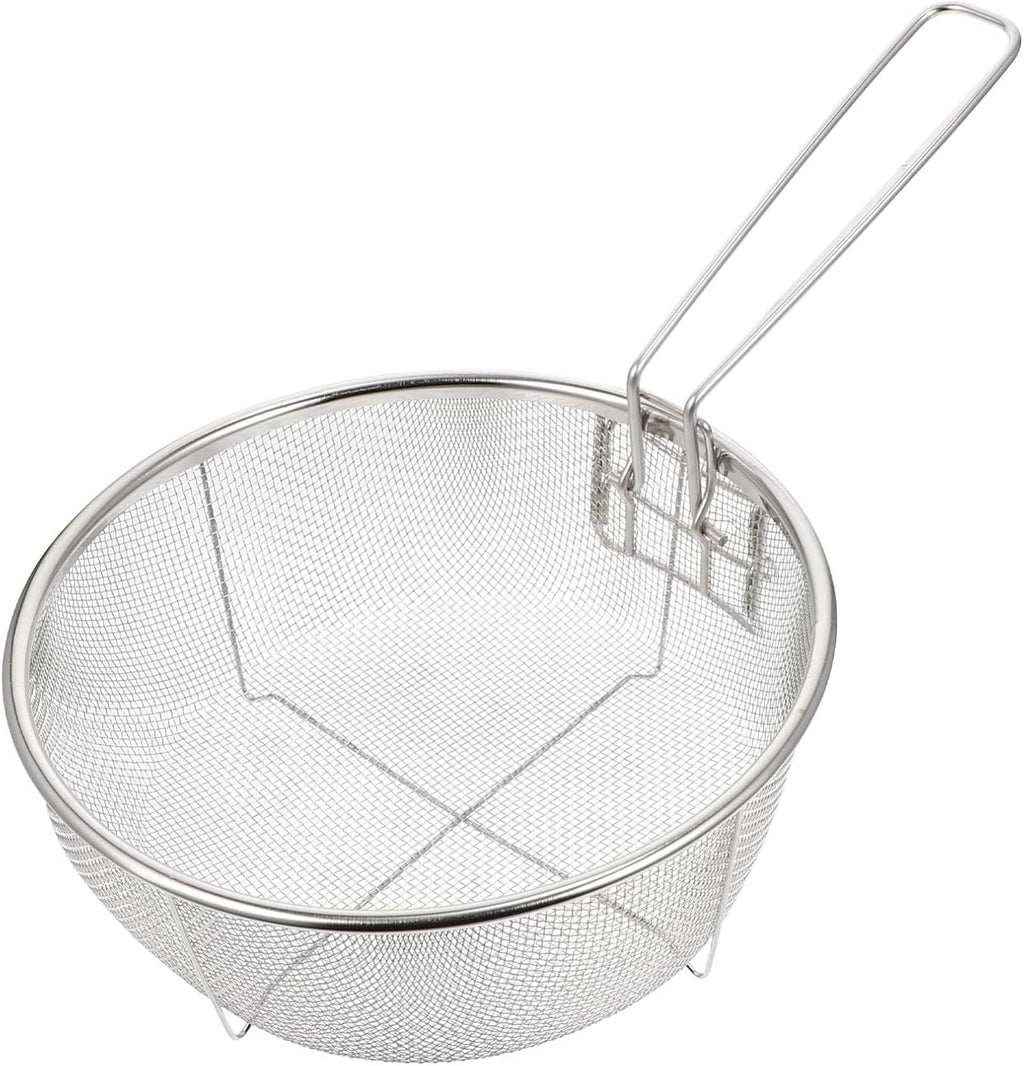 Stainless Steel Deep Fry Basket, 9inch Round Wire Fryer Basket for Frying Serving Food, French Chip Frying Basket with Folding Handle for Kitchen Frying (9Inch/Round)
