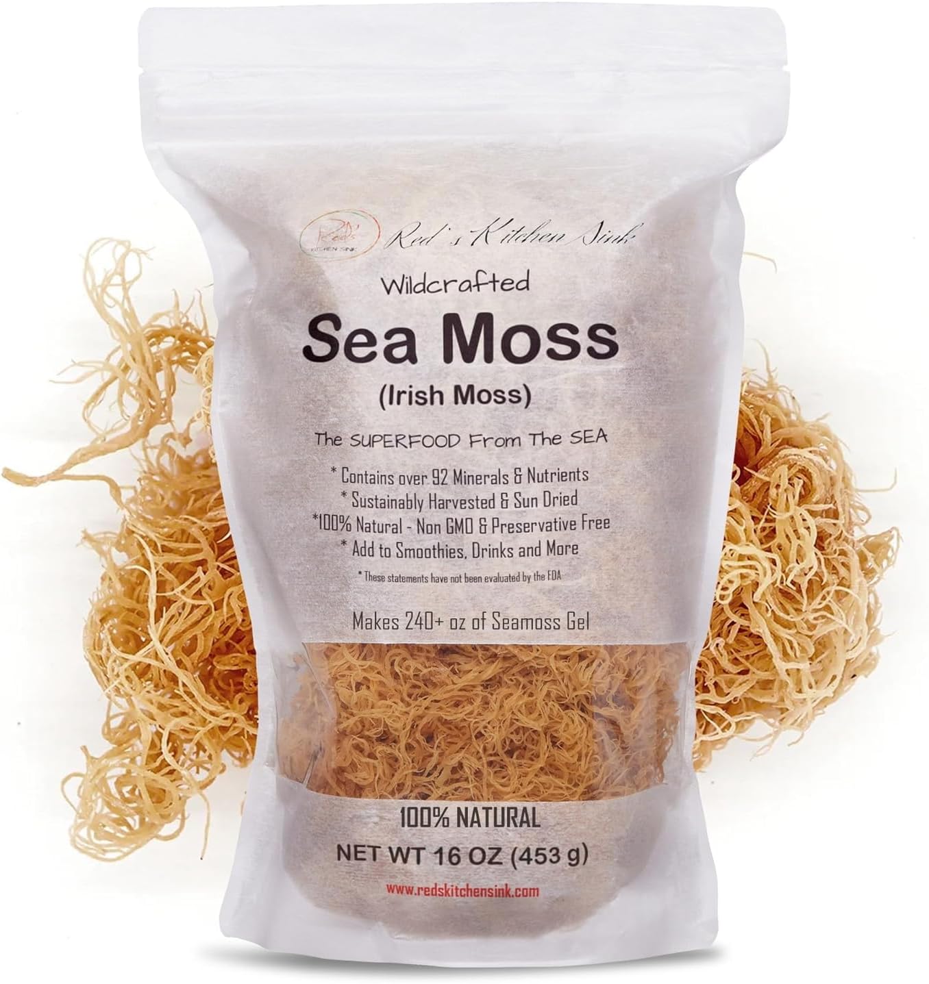 Raw Wildcrafted Gold Sea Moss 1 lb, St. Lucia Sun-Dried Seamoss, Natural Ocean Harvested Whole Moss | Makes 240+oz gel