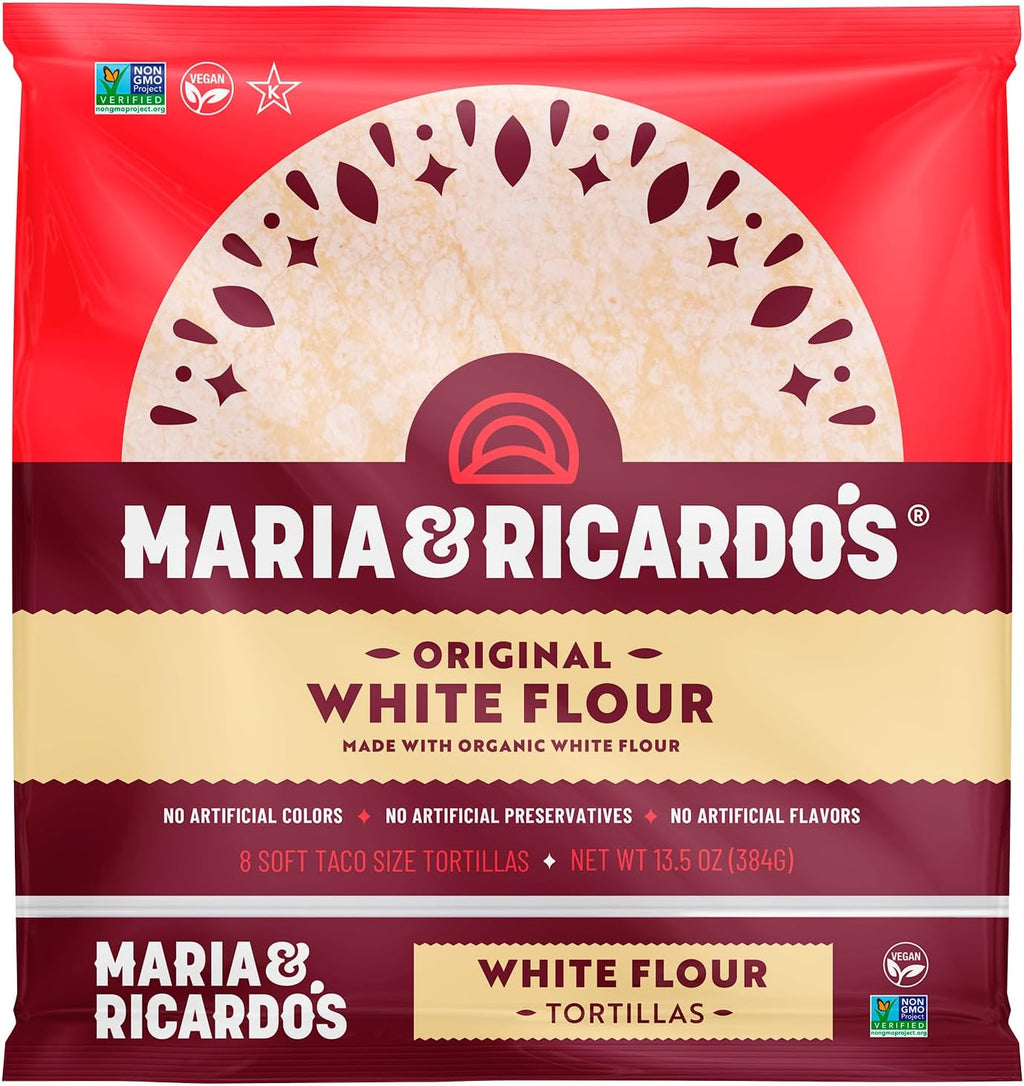 Maria & Ricardo's White Flour Tortillas. (3 Pack) Non GMO PV, Vegan, Kosher. Made with Organic Ingredients. 8 Tortillas per Pack