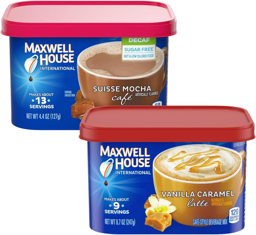 Maxwell House Vanilla Caramel Latte Mix, 8.7 oz + Suisse Mocha Decaf Instant Coffee, 4.4 oz, (Variety Pack)
