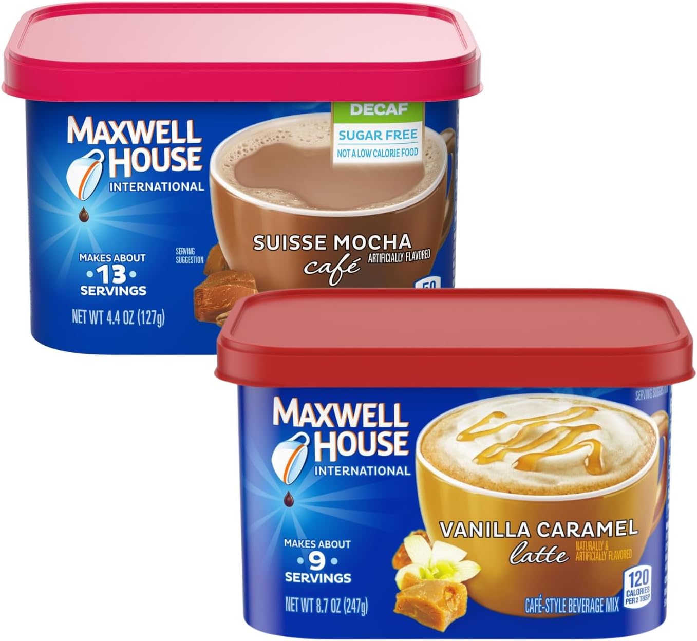 Maxwell House Vanilla Caramel Latte Mix, 8.7 oz + Suisse Mocha Decaf Instant Coffee, 4.4 oz, (Variety Pack)