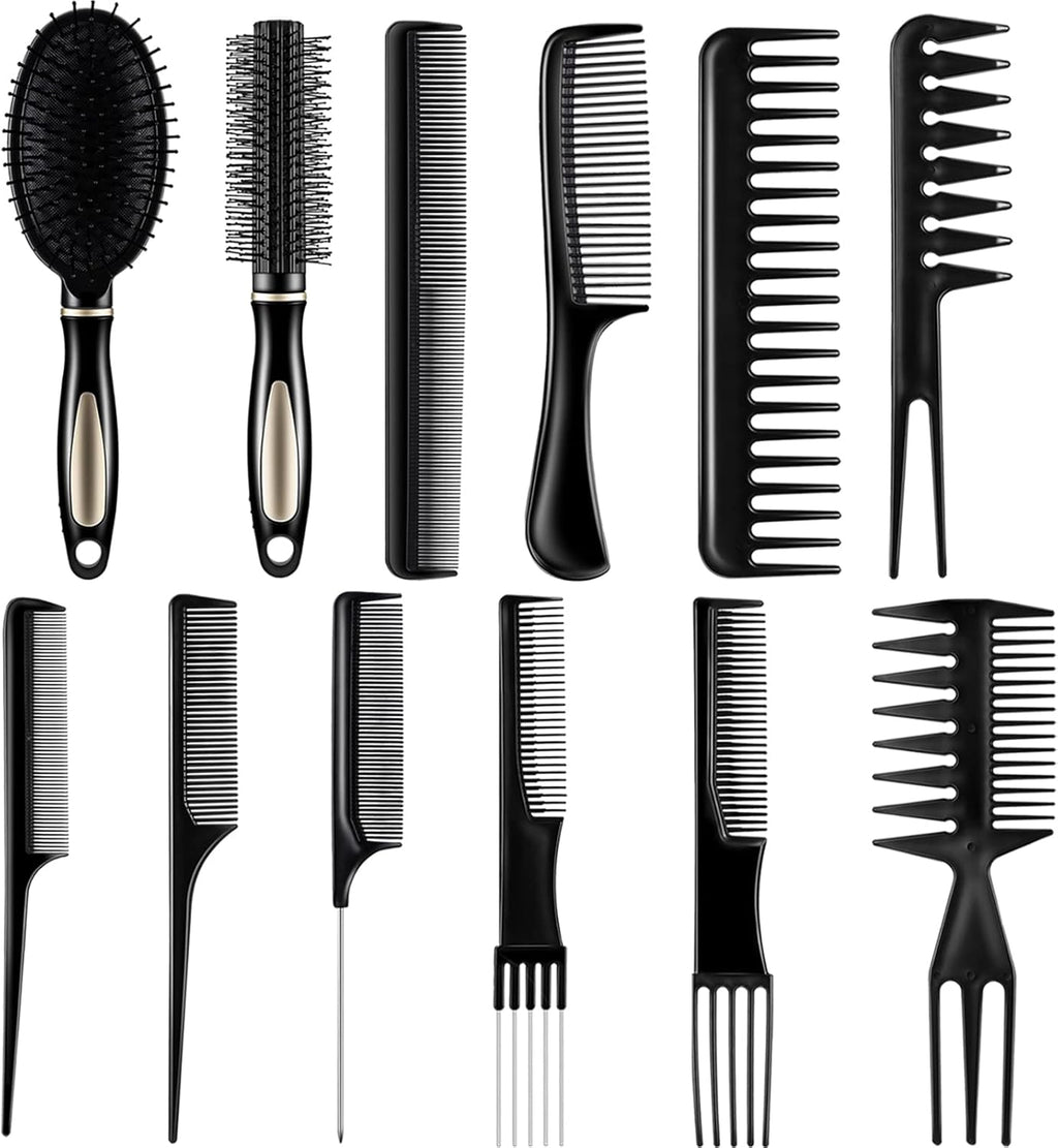 12 Pieces Hair Brush Comb Set Paddle Detangling Hairbrush Massage Roller Black Styling Hair Comb for Women Men Wet Dry Curly Straight Hair
