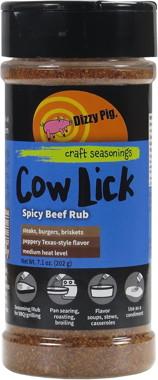 Dizzy Pig Cow Lick Texas-Style Spicy Beef Seasoning Rub (8oz Shaker) - Seasons 30+lbs of Food - Hand Made in the USA - MSG Free, Gluten Free