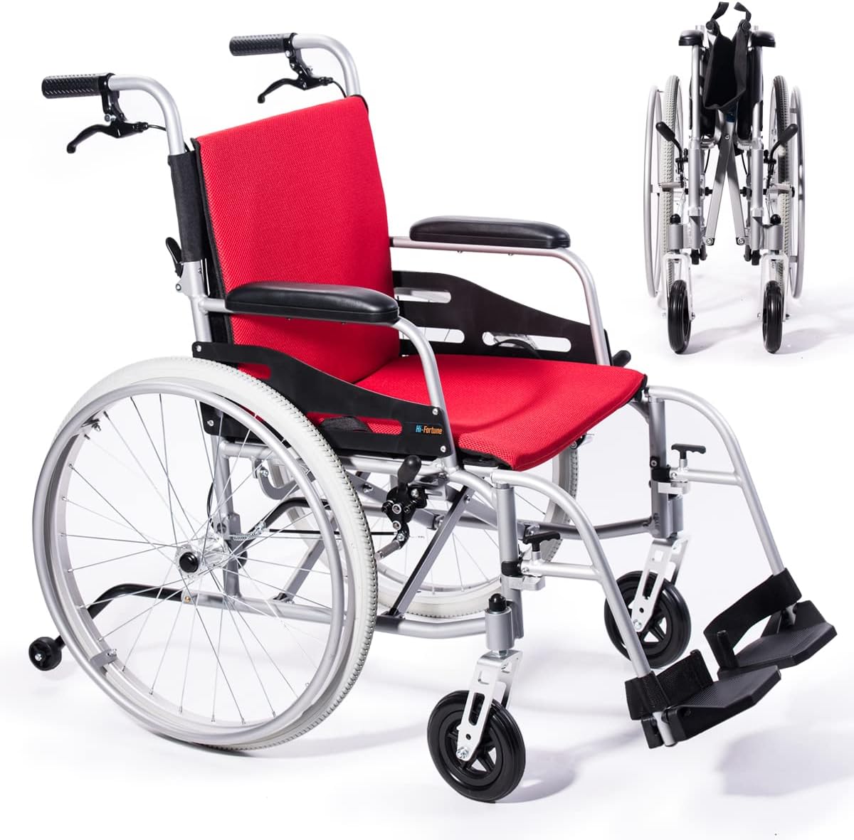 Magnesium Wheelchair 21lbs Lightweight Self-propelled Chair with Travel Bag and Cushion, Portable and Folding 17.5” W Seat, Park & Brake Anti-Tipper, Swing-Away Footrests, Ultra-Light, Red