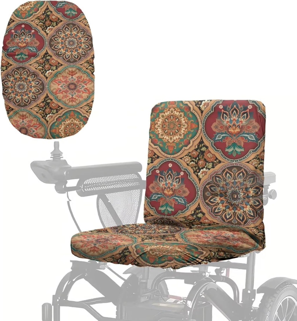 Mobility Scooter Seat Cover, Universal Fit Electric Wheelchair Seat Cover, Stain Resistant Polyester Power Chair Protector, Vintage Mandala Tile Print, 35 x 18 Inch