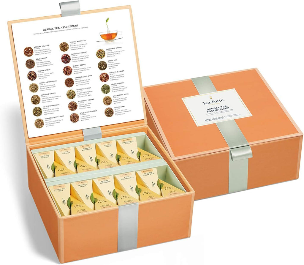 Tea Forte Premium Tea Chest Presentation Box Gift Set Sampler, 40 Count Individually Wrapped Handcrafted Pyramid Tea Infuser Bags, Gifts for Mom, Herbal Tea