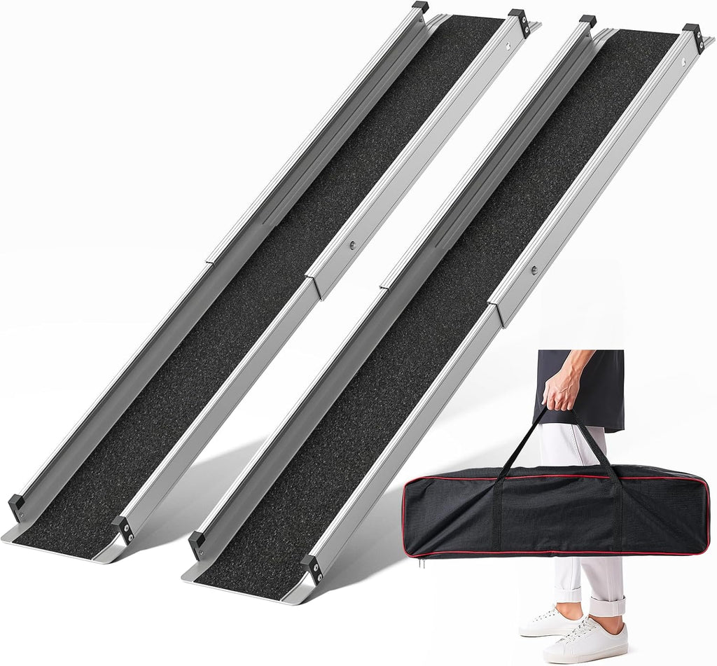 Adjustable Wheelchair Ramp 5FT Telescoping Portable Ramps for Steps Aluminum Lightweight Ramp with Storage Bag Non-Skid Ramps for Wheelchair for Home 60" L x 7.4" W 600lbs Capacity (2 Pack)