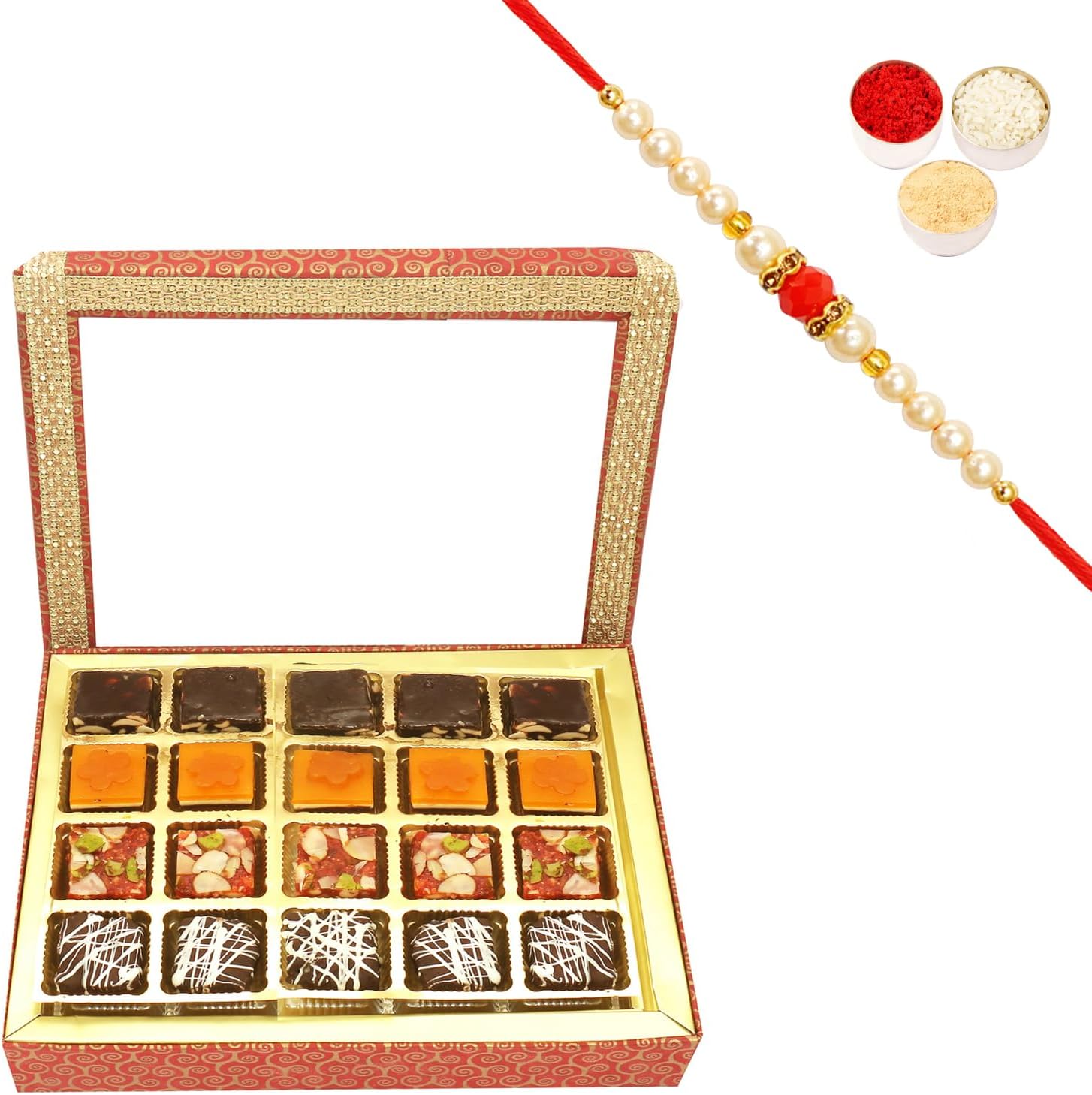 Ghasitaram Gifts Rakhi Gifts for Brothers Rakhi Sweets - 20 pcs Ghasitaram Special Bites Hamper Box with Beads Rakhi