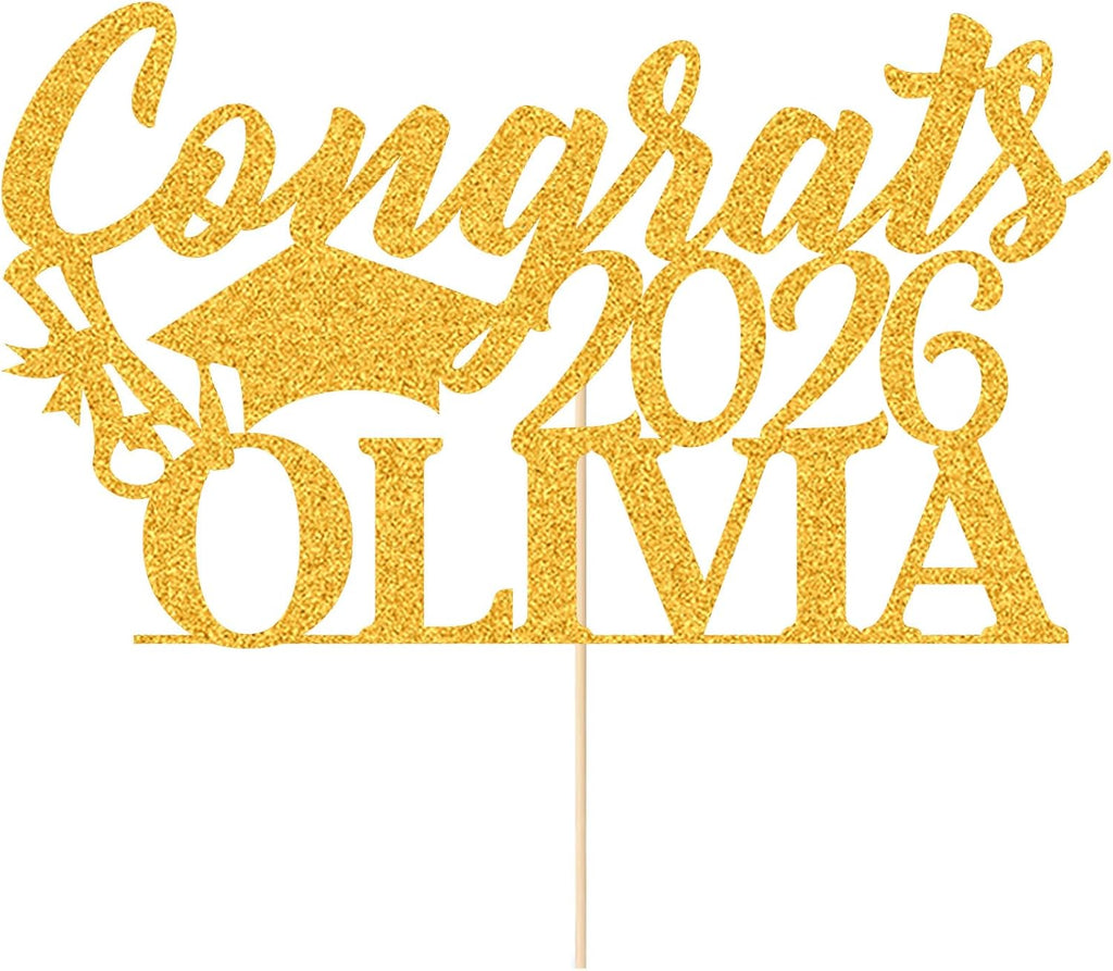 EDSG Personalized Graduation Cake Topper, Class of 2026 Double Sided Glitter Card Congrats Grad Cap Decorations for Graduation Party Supplies (Gold)