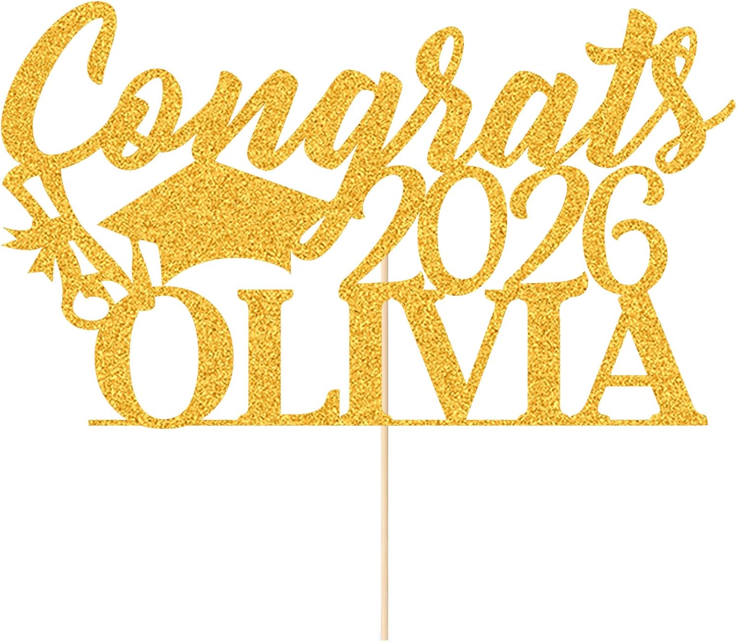 EDSG Personalized Graduation Cake Topper, Class of 2026 Double Sided Glitter Card Congrats Grad Cap Decorations for Graduation Party Supplies (Gold)