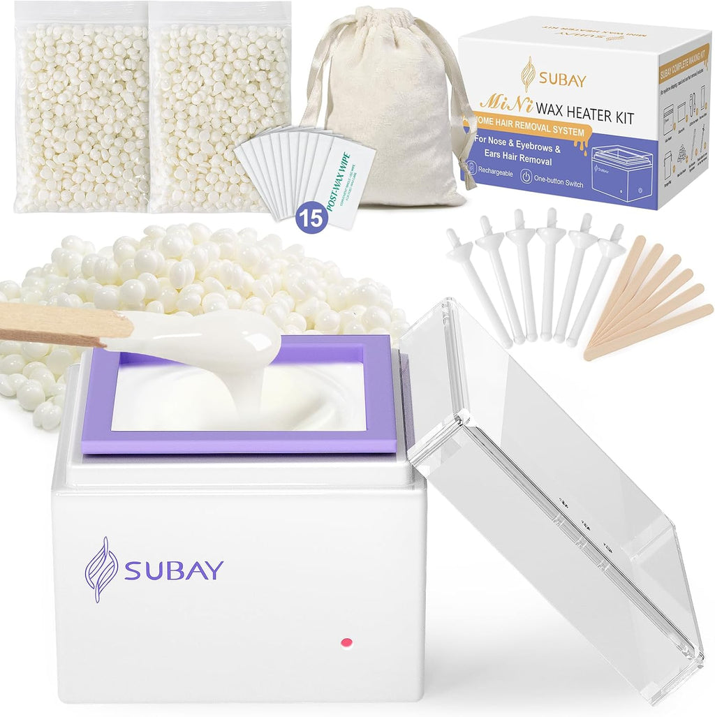 SUBAY Nose Wax Kit, Cordless Mini Wax Warmer for Ear Eyebrow Hair Removal, Waxing Kit for Women Men with 100g Beads, 6 Nose Sticks, 6 Applicators, Storage Bag, Rechargeable Machine for Face Waxing
