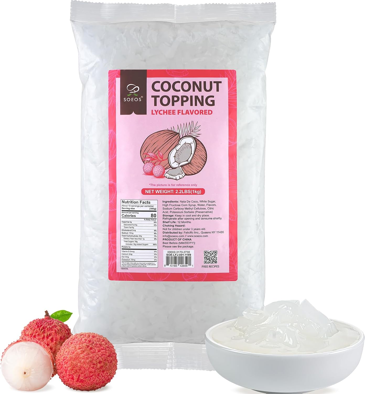Soeos Lychee Flavored Coconut Jelly Strips, 2.2 lbs (1 Kg), Lychee Jelly for Boba Tea, Sweet and Chewy Tropical Snack, Perfect Topping for Ice Cream, Desserts