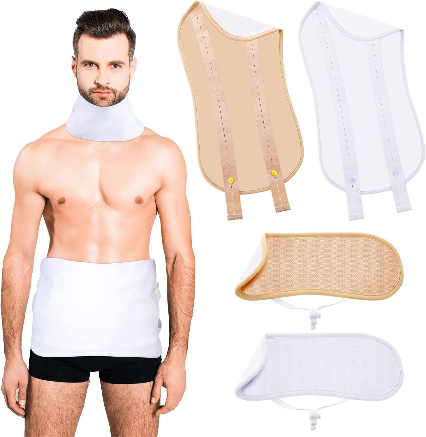 Newwiee 4 Pcs Men's Castor Oil Pack Wrap Includes 2 Sets Reusable Waist and Neck Wrap with Adjustable Elastic Strap Flannel Cotton Castor Oil Pack Kit(Khaki, White)
