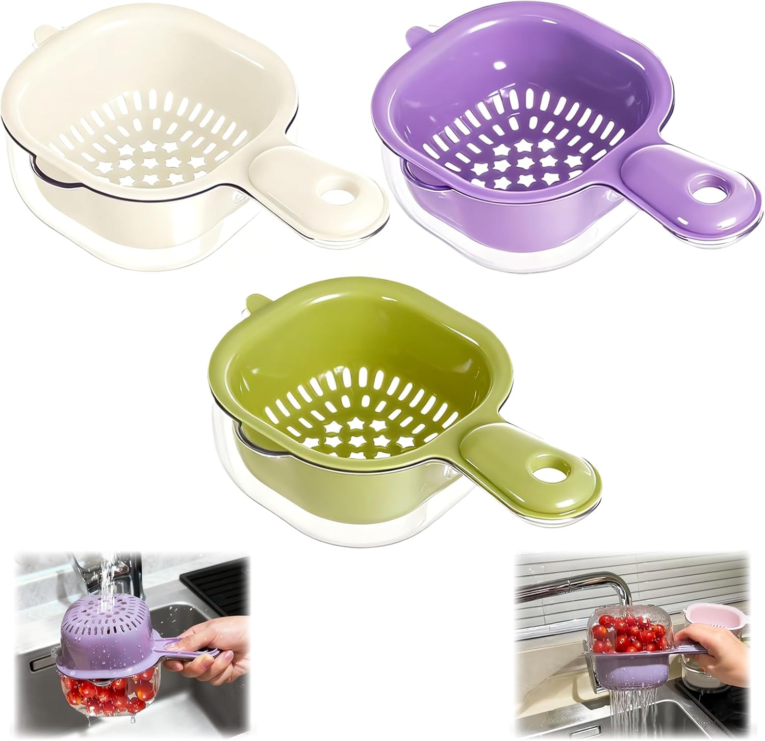 Kitchen Dual Layer Draining Basket, 3 Pcs Small Fruit Draining Basket with Handle for Berries Vegetables Fruits