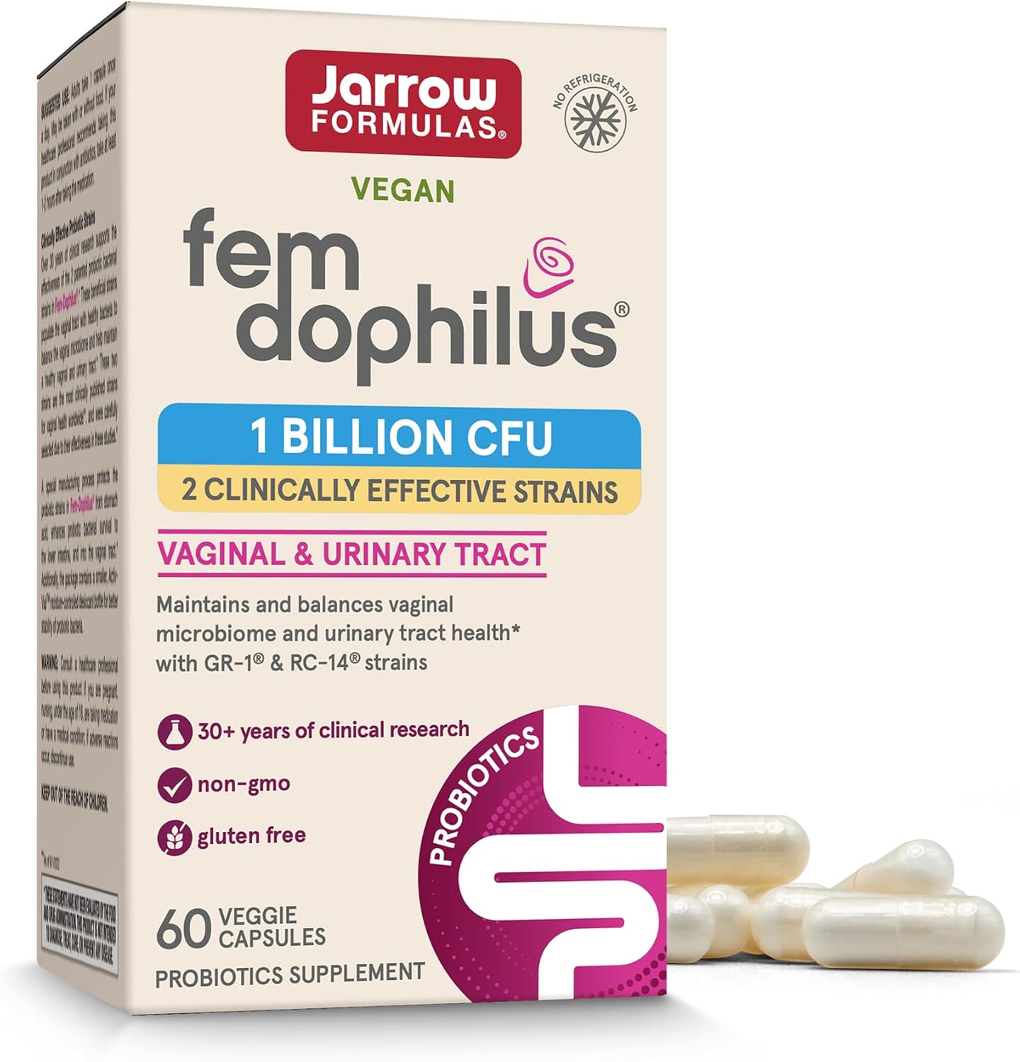 Jarrow Formulas Fem-Dophilus Vaginal Probiotics 1 Billion CFU With 2 Science-Backed Strains, Dietary Supplement For Vaginal & Urinary Tract Support, 60 Capsules, 60 Day Supply, Shelf-Stable Probiotics