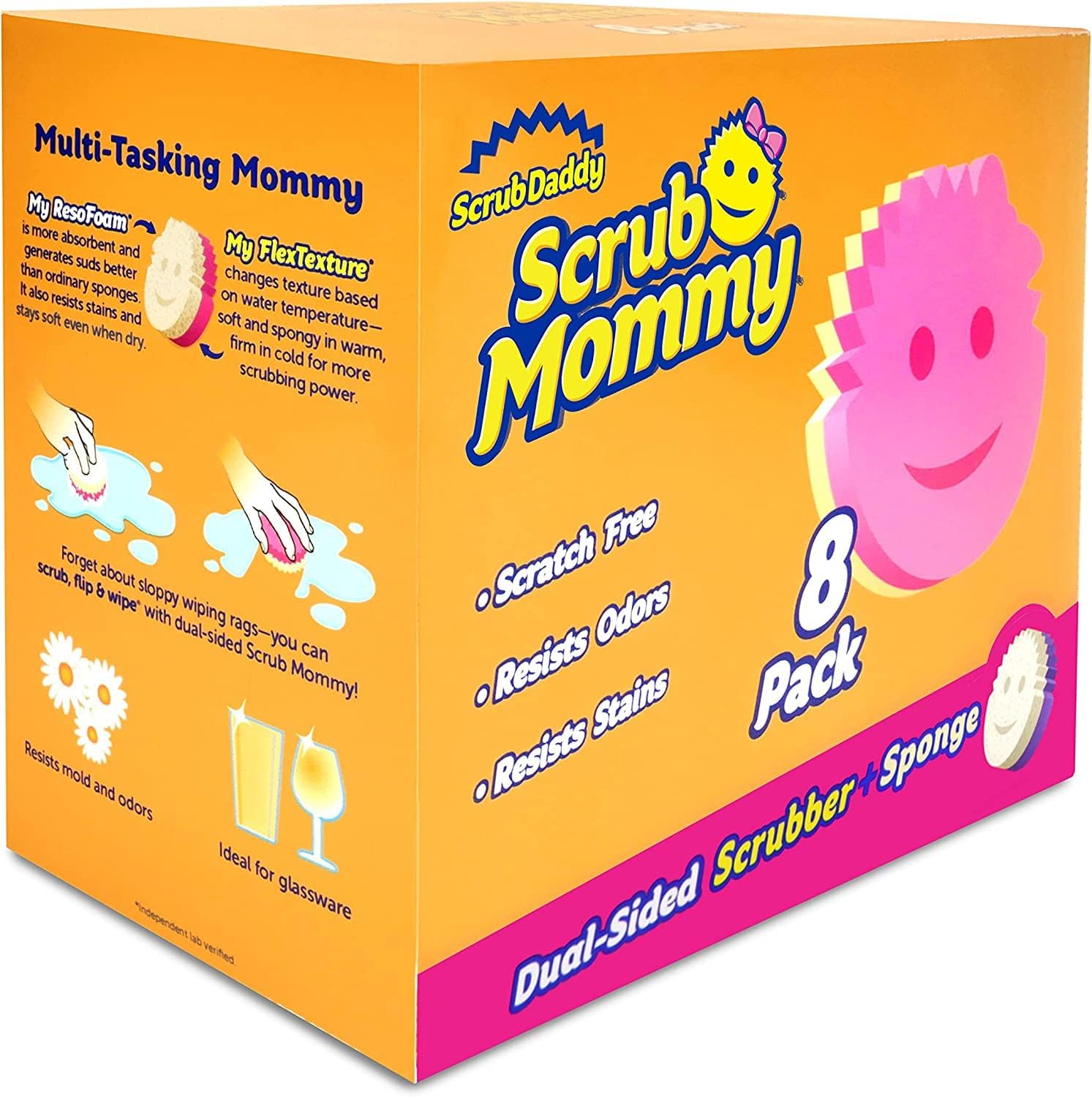 Scrub Daddy Dual Sided Sponge and Scrubber - Scrub Mommy - Scratch Free Sponge for Dishes and Home, Soft in Warm Water, Firm in Cold, Odor Resistant, Multi Surface 8 Count (Pack of 1)