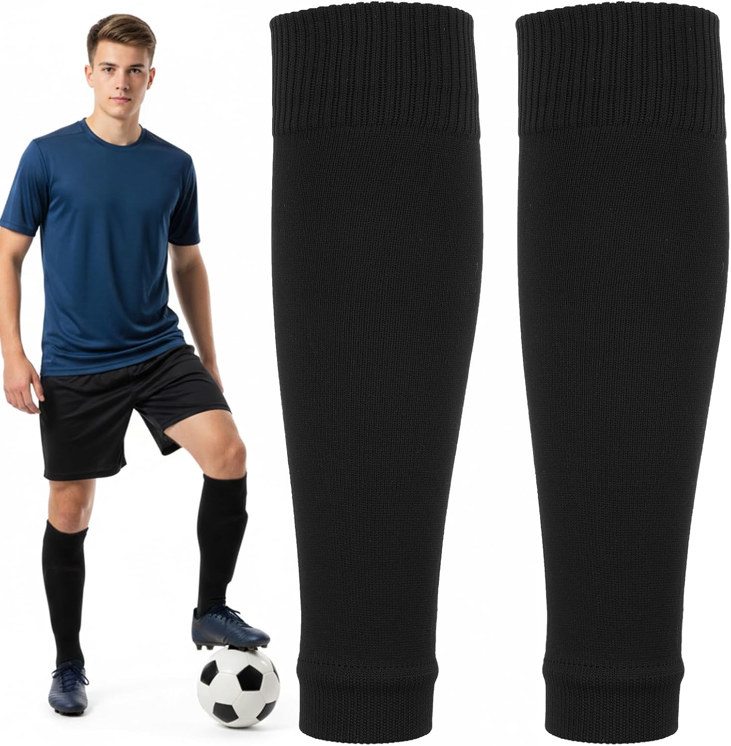 Black Pre Cut Socks, Cut Socks Soccer Leg Sleeves for Men, Elastic Soccer Shin Guard Sleeves for Sports, Shin Sleeve for Football, Basketball, Baseball