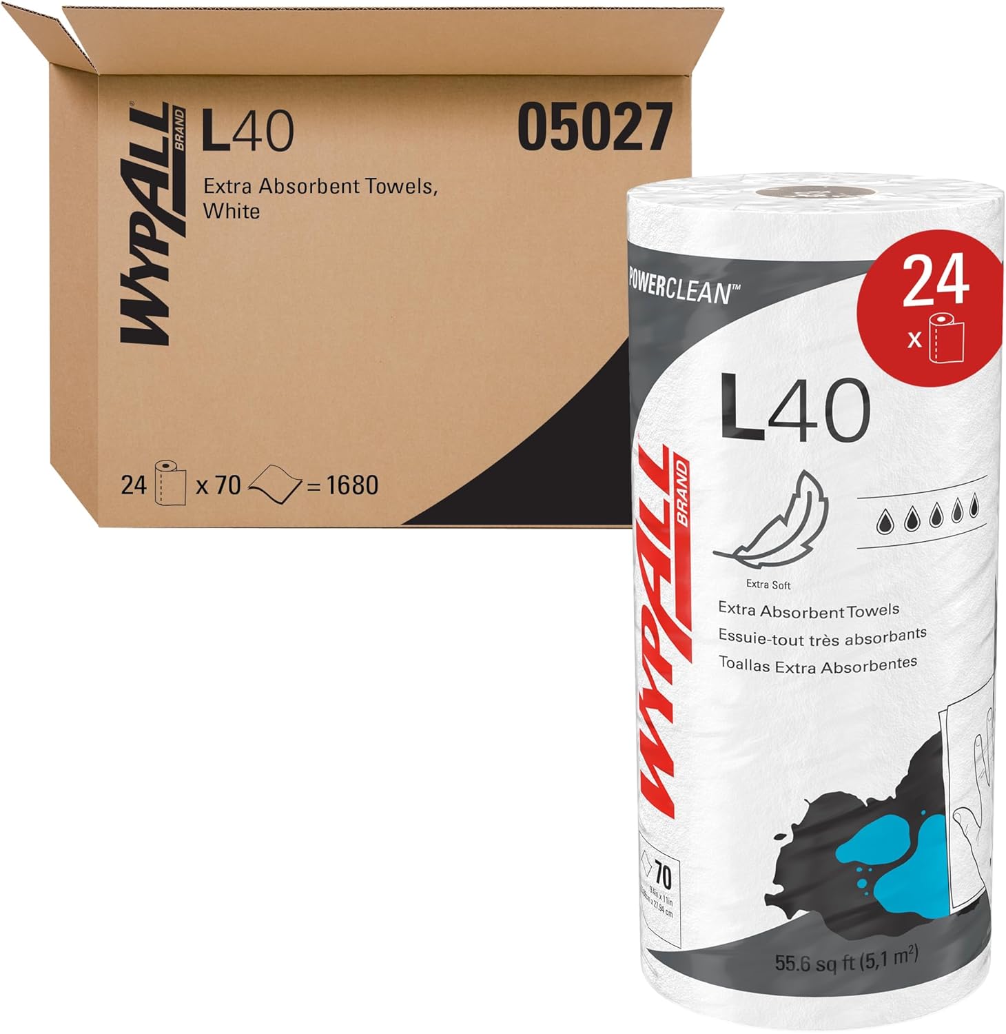 WypAll PowerClean L40 Cloths Extra Absorbent Wipes (05027), Bulk Paper Wipers, White (70 Sheets/Roll, 24 Rolls, 1,680 Sheet Total)