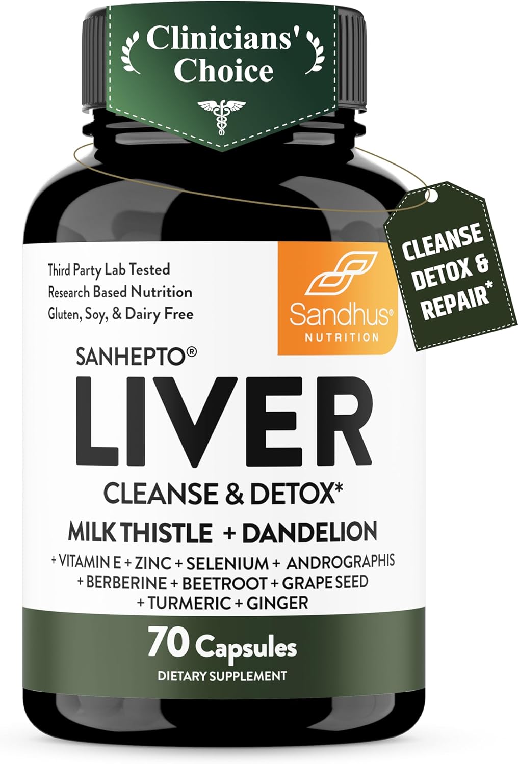 Sandhu's Liver Cleanse Detox & Repair Support Capsules with Milk Thistle & Dandelion Root | Herbal Supplement Pills for Liver Health | for Men & Women | Made in USA | Viral on Tiktok | 70 Count