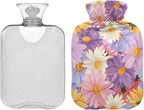 Pink Purple White Yellow Daisies Hot Water Bottle with Cute Cover 2L Winter Hot Water Bag Portable Hot Water Bottles for Neck, Shoulders and Legs Pain Relief, Menstrual Cramps