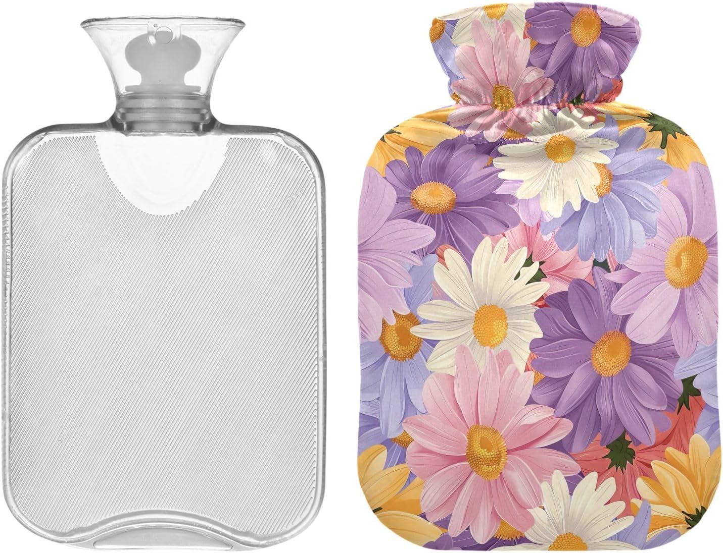 Pink Purple White Yellow Daisies Hot Water Bottle with Cute Cover 2L Winter Hot Water Bag Portable Hot Water Bottles for Neck, Shoulders and Legs Pain Relief, Menstrual Cramps