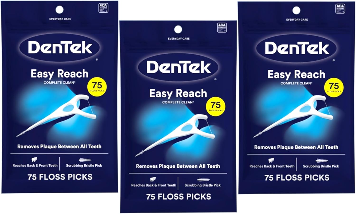 DenTek Easy Reach Complete Clean Floss Picks, with Strong Dental Floss, 75 Count, 3 Pack
