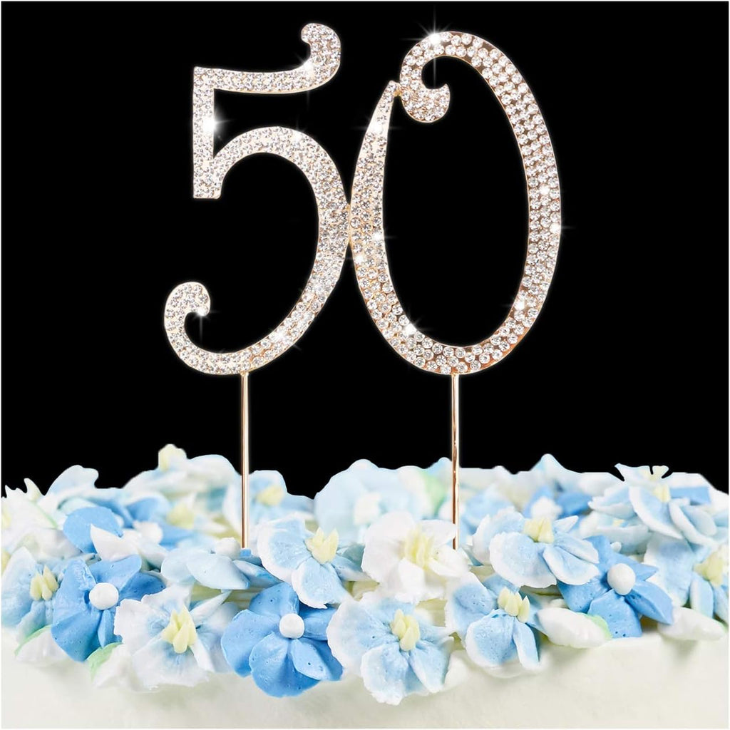 50 Cake Topper | Premium Bling Rhinestone Diamond Gems | 50th Birthday or Anniversary Party Decoration Ideas | Quality Metal Alloy | Perfect Keepsake