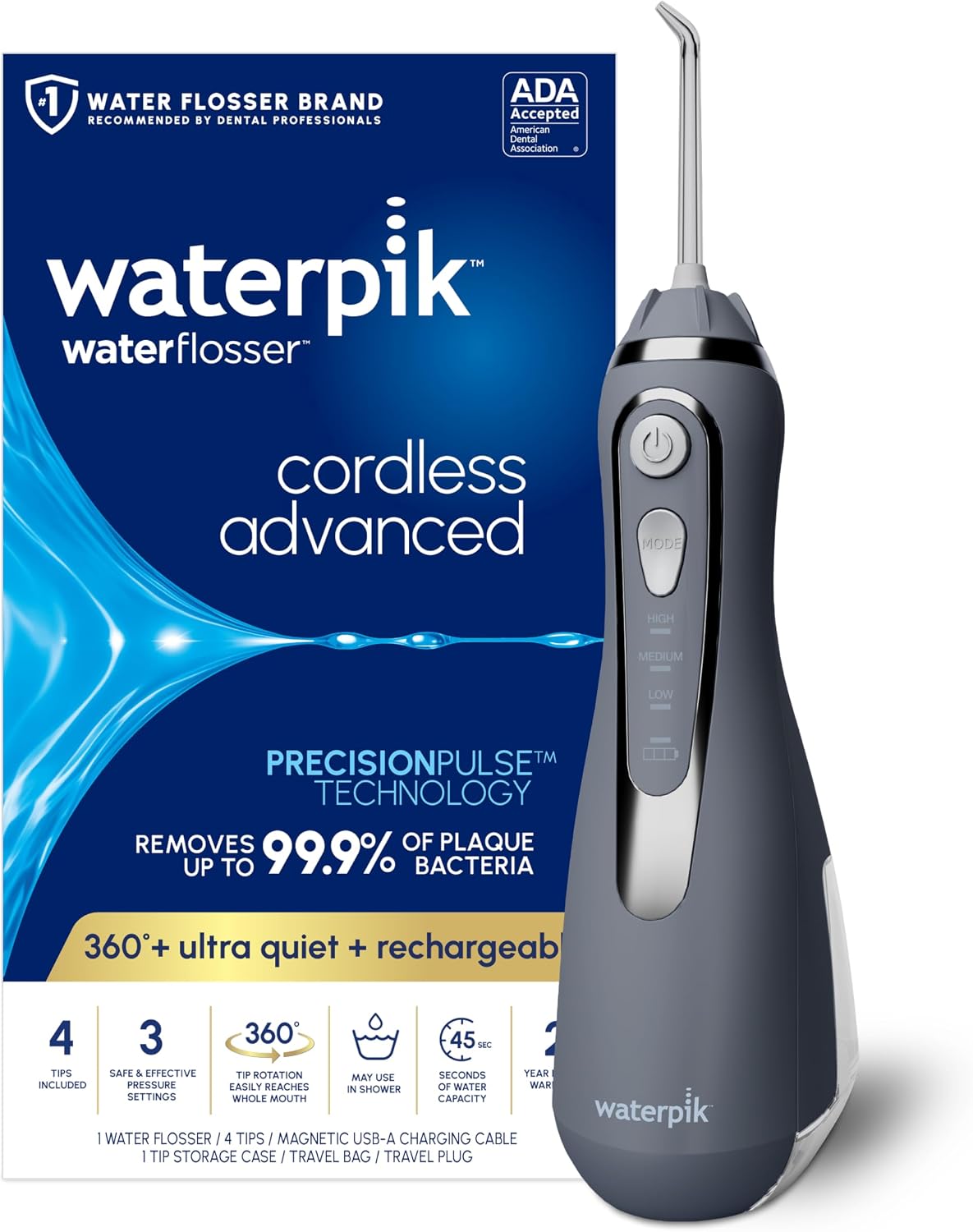 Waterpik Cordless Advanced 2.0 Water Flosser For Teeth, Gums, Braces, Dental Care With Travel Bag and 4 Tips, ADA Accepted, Rechargeable, Portable, and Waterproof, Gray WP-587, Packaging May Vary