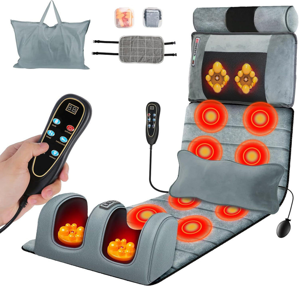 KOCASO Full Body Massage Mat with Heat, Electric Massage Mat Chair Pad Back/Neck/Foot Massager, Detachable Lumbar& Head Pillow W/ 2 Earplugs-Vibration & Kneading for Stress Relief/Gift
