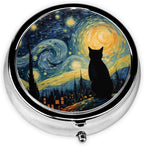 Pill Box, Small Pill Organizer with 3 Compartments and Mirror, Cute Round Portable Travel Metal Pill Case for Pocket or Purse, Privacy-Protecting Medicine Box-Starry Sky Cat