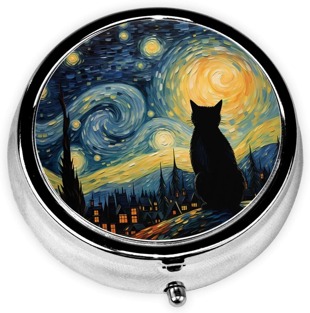 Pill Box, Small Pill Organizer with 3 Compartments and Mirror, Cute Round Portable Travel Metal Pill Case for Pocket or Purse, Privacy-Protecting Medicine Box-Starry Sky Cat