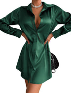 Zeagoo Women's Stain Long Sleeve Dress Button Down Shirts Tunic Dresses Casual V-Neck Mini Dress with Belt