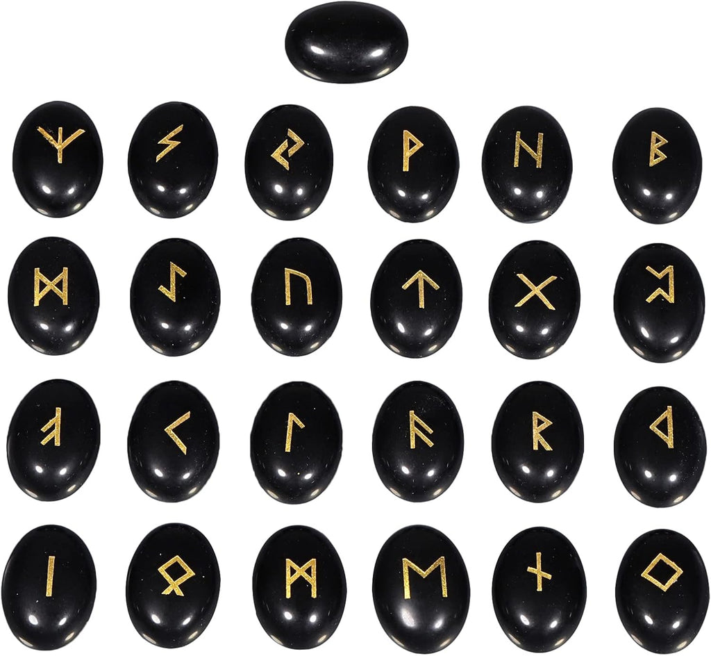 mookaitedecor Black Obsidian Crystal Rune Stones Set of 25, Flatback Cabochon Stone Engraved Elder Futhark Alphabet Symbol Wiccan Crystals for Divination and Healing