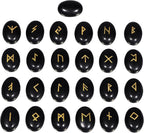 mookaitedecor Black Obsidian Crystal Rune Stones Set of 25, Flatback Cabochon Stone Engraved Elder Futhark Alphabet Symbol Wiccan Crystals for Divination and Healing