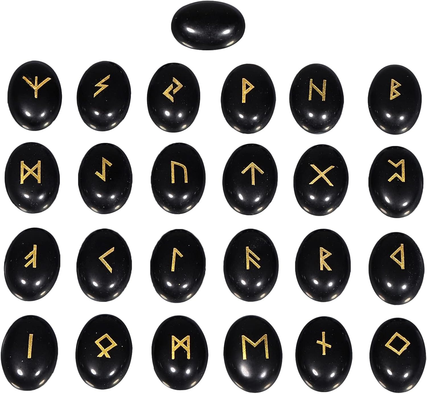 mookaitedecor Black Obsidian Crystal Rune Stones Set of 25, Flatback Cabochon Stone Engraved Elder Futhark Alphabet Symbol Wiccan Crystals for Divination and Healing