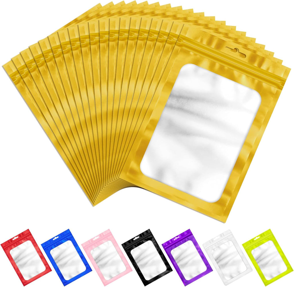 100 Pack Resealable Bags, Resealable Packaging Mylar Bags, Heat Seal Bag with Frosted Clear Window, Foil Pouch Smell Proof Zipper Bag for Food Storage (Golden, 4.13 x 5.91)