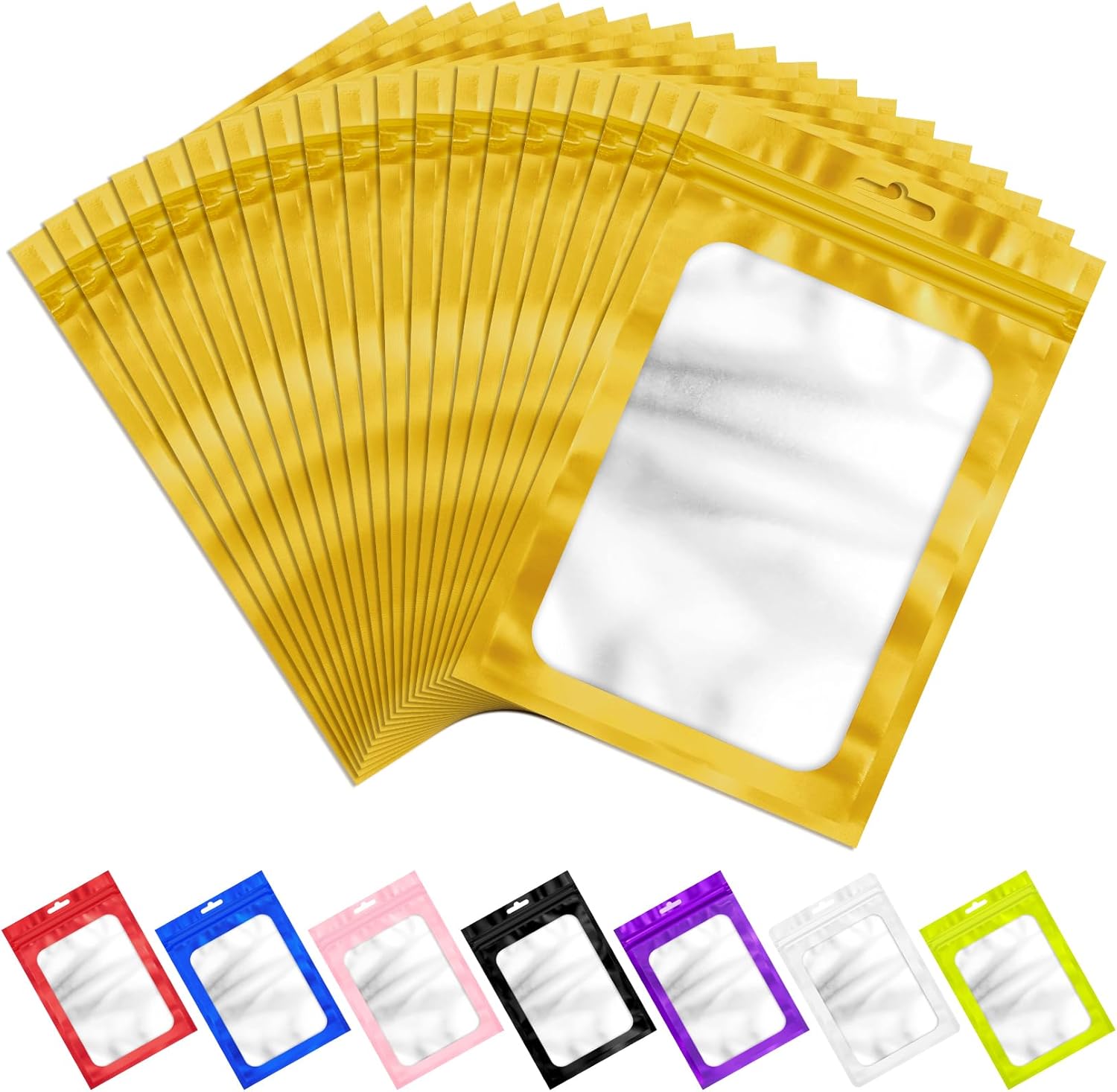 100 Pack Resealable Bags, Resealable Packaging Mylar Bags, Heat Seal Bag with Frosted Clear Window, Foil Pouch Smell Proof Zipper Bag for Food Storage (Golden, 4.13 x 5.91)