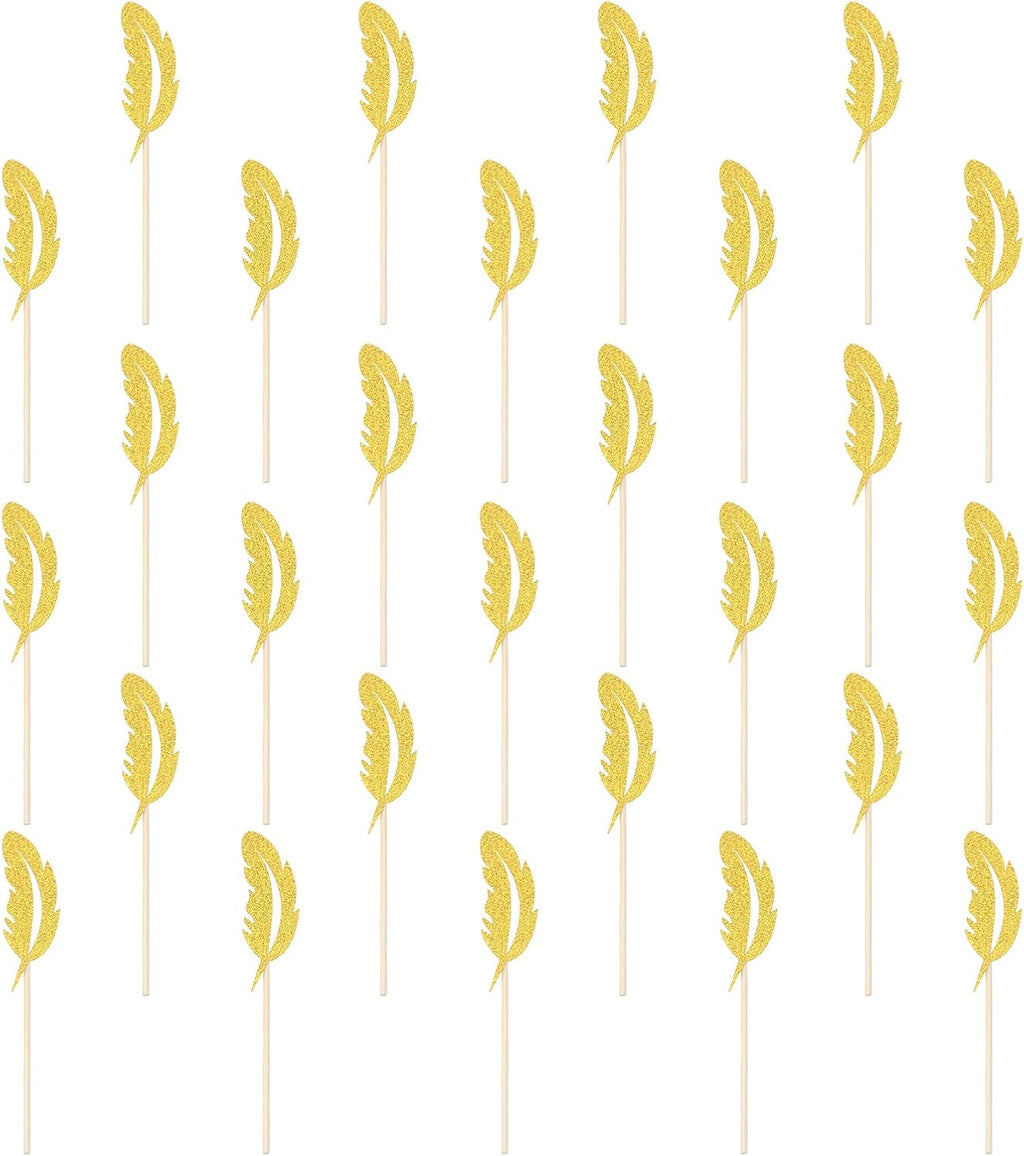 MECCANIXITY 48 Pcs Feather Cupcake Toppers, Glitter Cupcake Picks with Glue Points, Cake Decorations for Wedding Birthday Theme Party Supplies, Golden