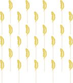 MECCANIXITY 48 Pcs Feather Cupcake Toppers, Glitter Cupcake Picks with Glue Points, Cake Decorations for Wedding Birthday Theme Party Supplies, Golden