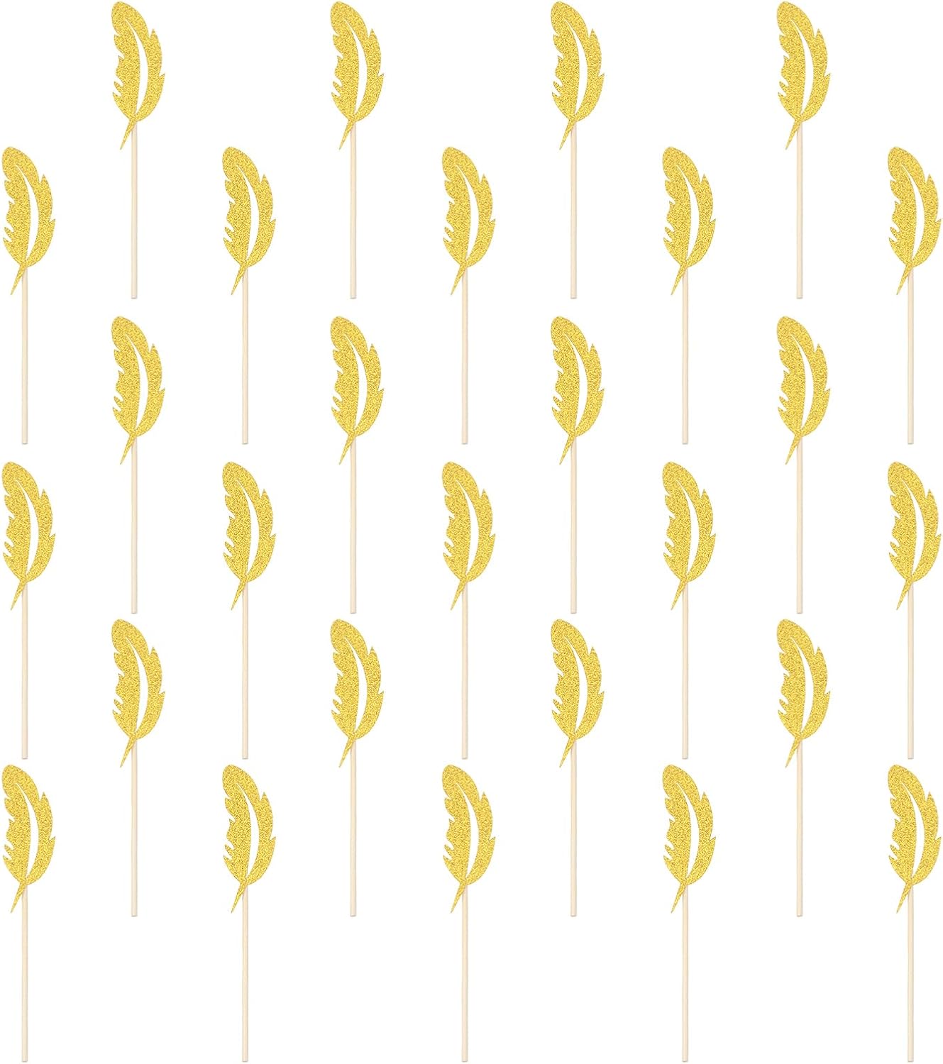 MECCANIXITY 48 Pcs Feather Cupcake Toppers, Glitter Cupcake Picks with Glue Points, Cake Decorations for Wedding Birthday Theme Party Supplies, Golden