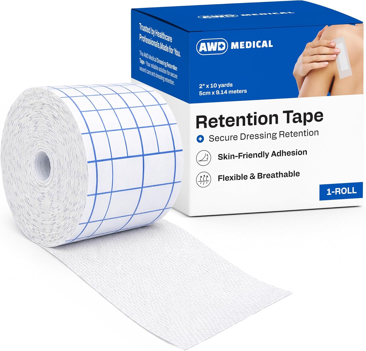 AWD Medical Dressing Retention Tape - Medical Non-Woven, Skin Friendly, Adhesive Wound Dressing Tape, Medical Tape for Wound Care Secures Primary Dressings with Easy Release Backing (2" x 10 yds)