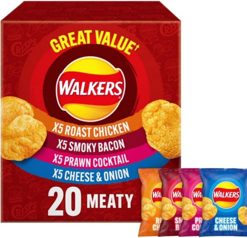 Walkers Meaty Variety Pack Crisps, Roast Chicken, Smoky Bacon, Prawn Cocktail, Cheese & Onion Flavors, 20 Single Bags, 25g Each