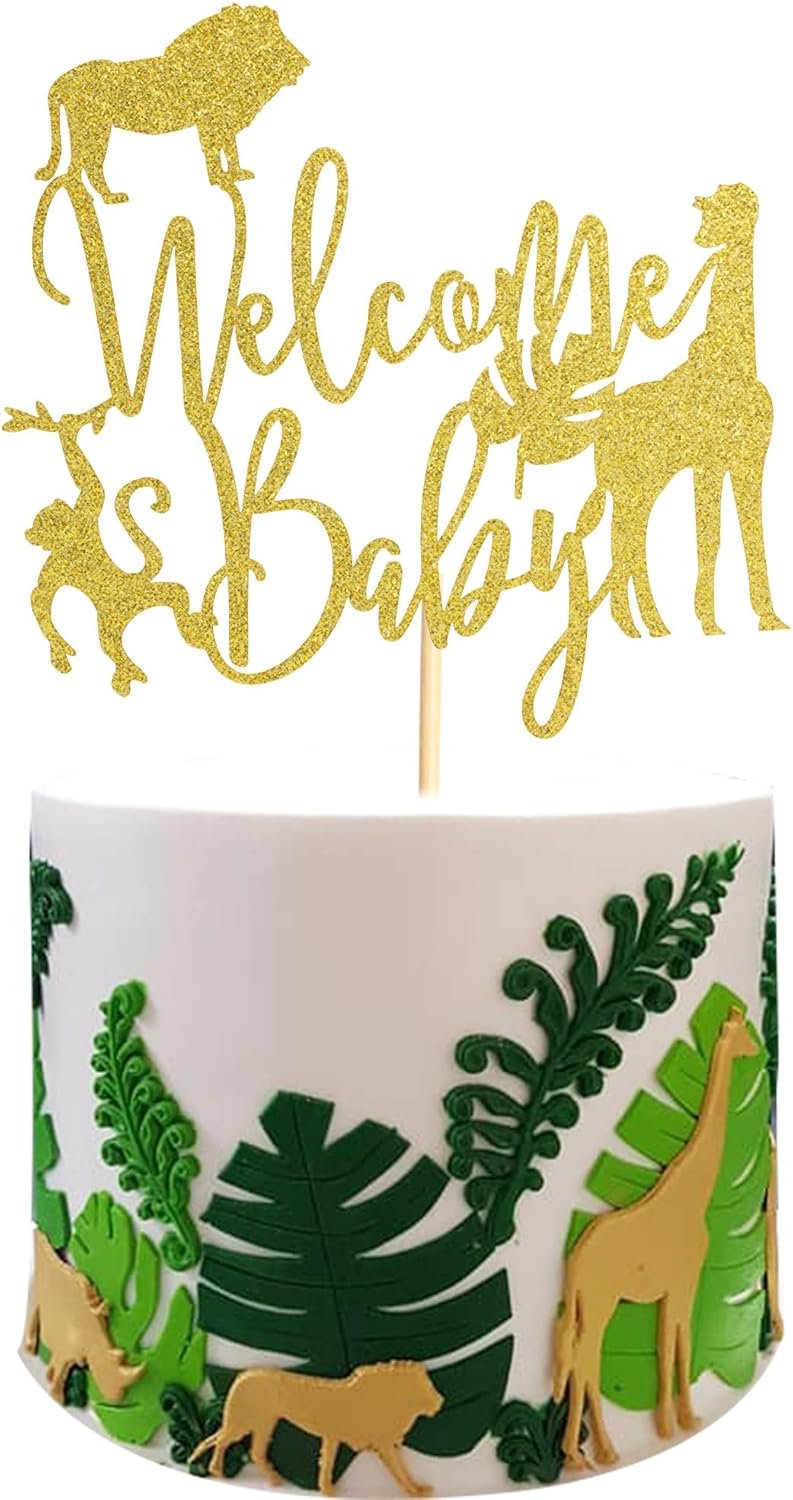 Welcome Baby Cake Topper Jungle Wild Safari Animal Baby Shower Cake Picks Party Supplies Decorations - Gold Glitter