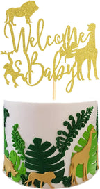 Welcome Baby Cake Topper Jungle Wild Safari Animal Baby Shower Cake Picks Party Supplies Decorations - Gold Glitter