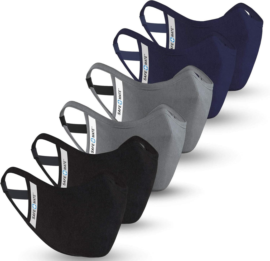 Safe+Mate x Case-Mate - Cloth Face Mask - Washable & Reusable - Adult L/XL - Cotton - Includes Filter - 6 Pack - Black/Navy/Gray