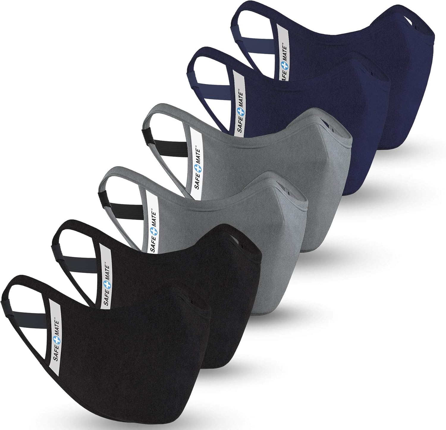 Safe+Mate x Case-Mate - Cloth Face Mask - Washable & Reusable - Adult L/XL - Cotton - Includes Filter - 6 Pack - Black/Navy/Gray