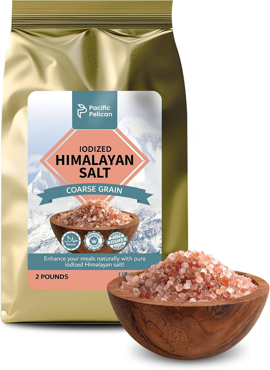 Pacific Pelican Iodized Himalayan Pink Salt | Coarse Grain, Unrefined, Pure Rock Salt | 2 Pounds | 100% Natural & Organic for Cooking, Seasoning & Wellness