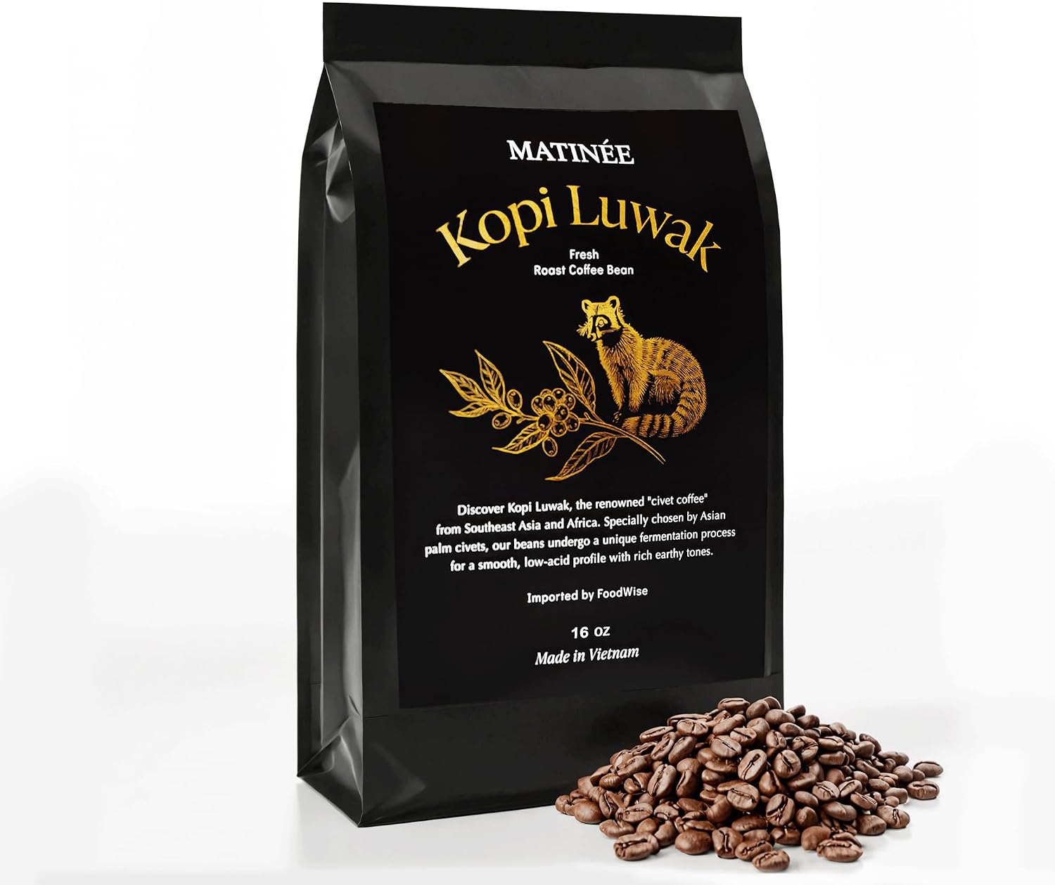 MATINÉE Wild Kopi Luwak Coffee Beans, Medium Roast, Whole Bean Coffee, Sustainably Sourced From Vietnam, 16oz / 454 Grams
